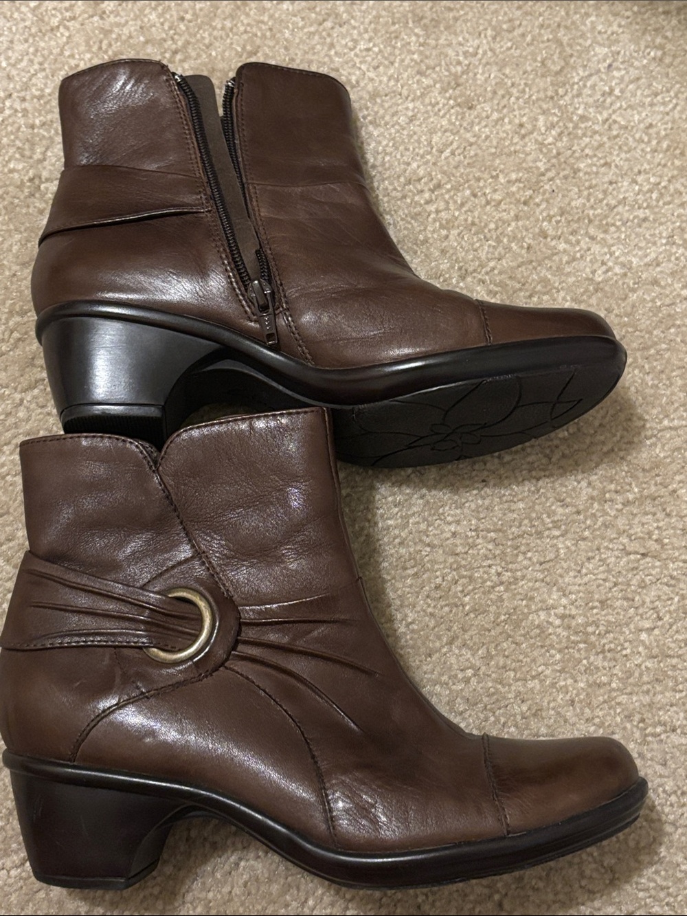 Clarks Brown Leather Ankle Booties with Decorative Ring